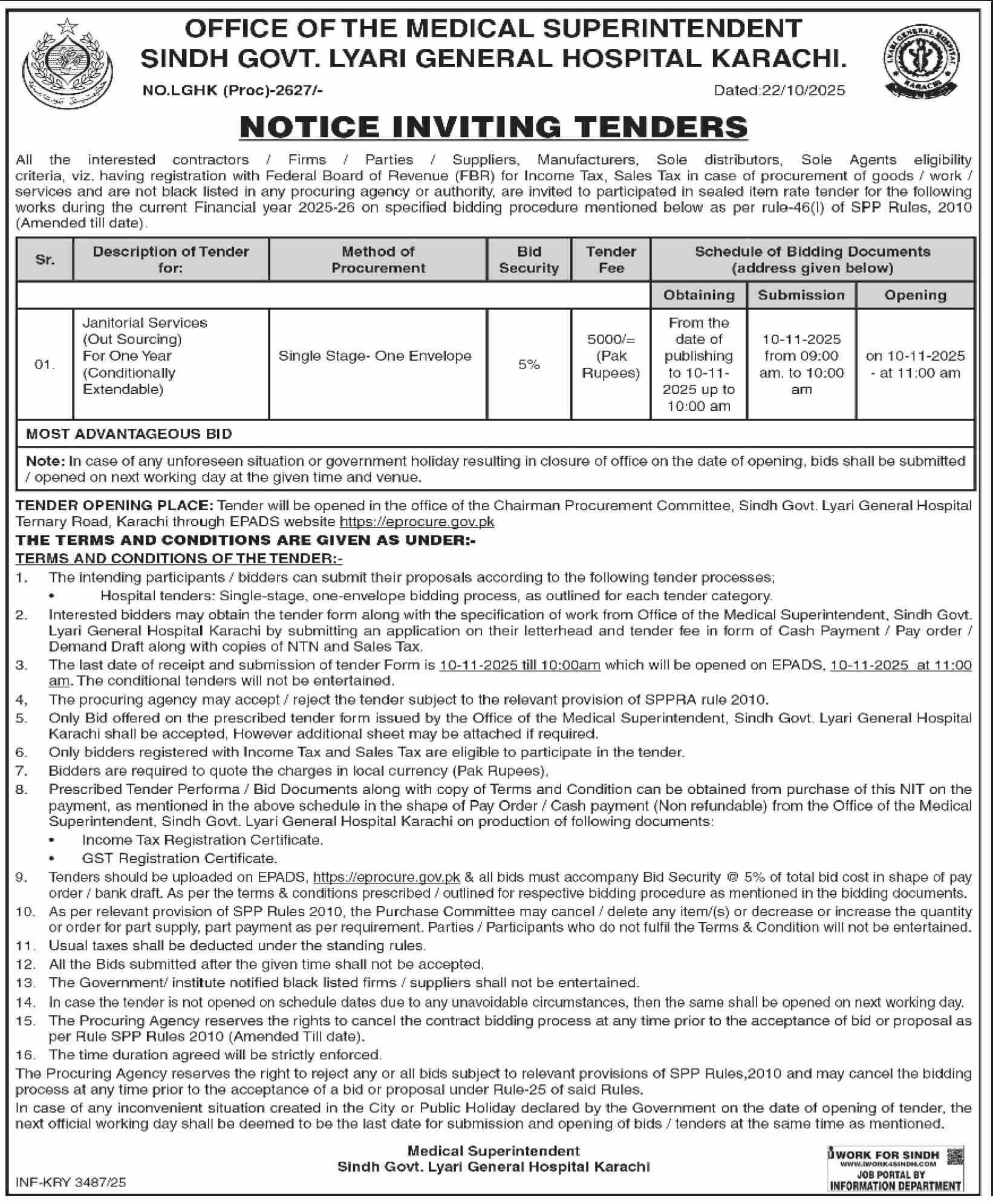 Sindh Govt Lyari General Hospital Karachi Tender Notice